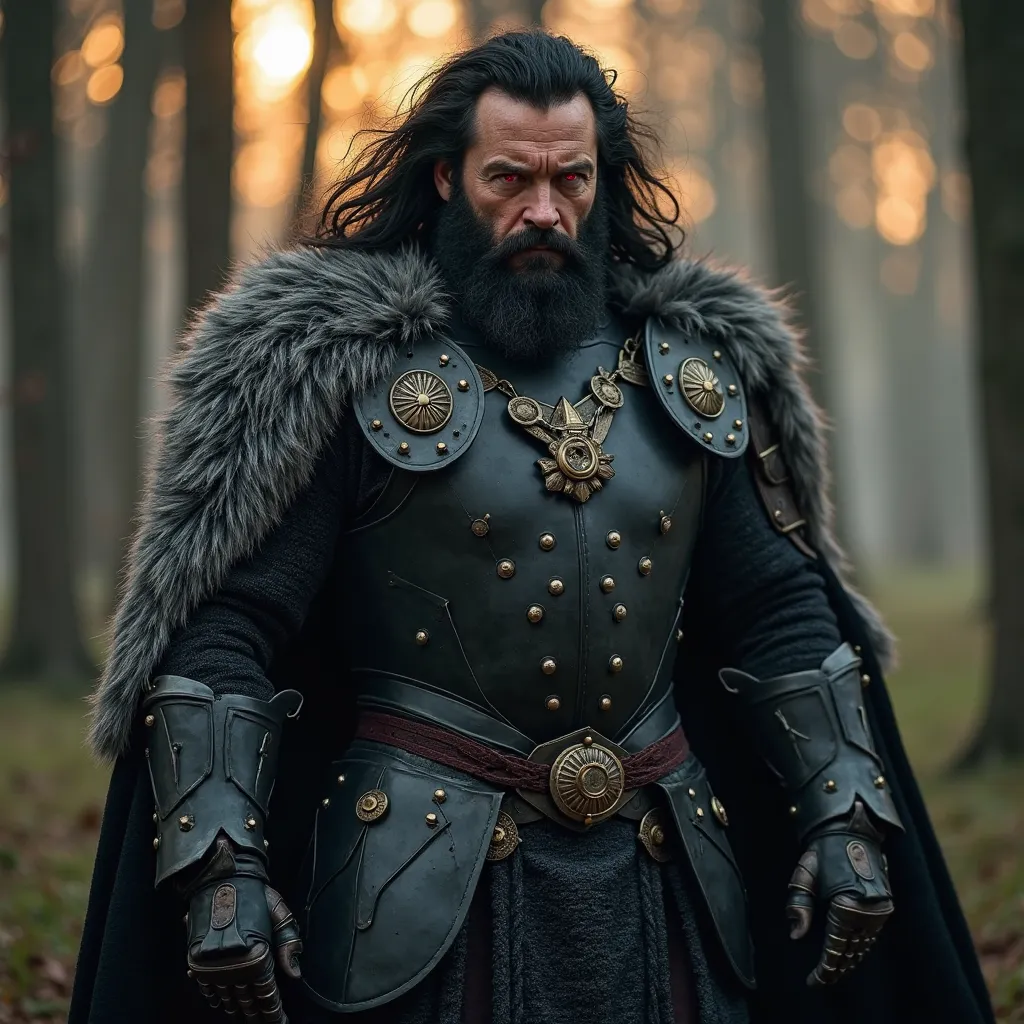 Hugh Jackman as very tall extremely muscular yet very heavy and overweight set and fearless 45 years old man with extremely long, shaggy grizzled and messy black hair that covers his back, forehead and shoulders, with glowing red eyes, with short black bea...