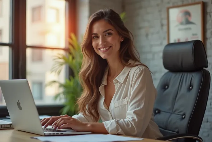 image HD d'une femme sur un bureau devant son ordinateur éprouvant du plaisir, femme élégante et attirante, expression heureuse et satisfaite, cheveux longs et soyeux, peau douce et lisse, vêtements décontractés mais de qualité, bureau moderne avec ordinat...