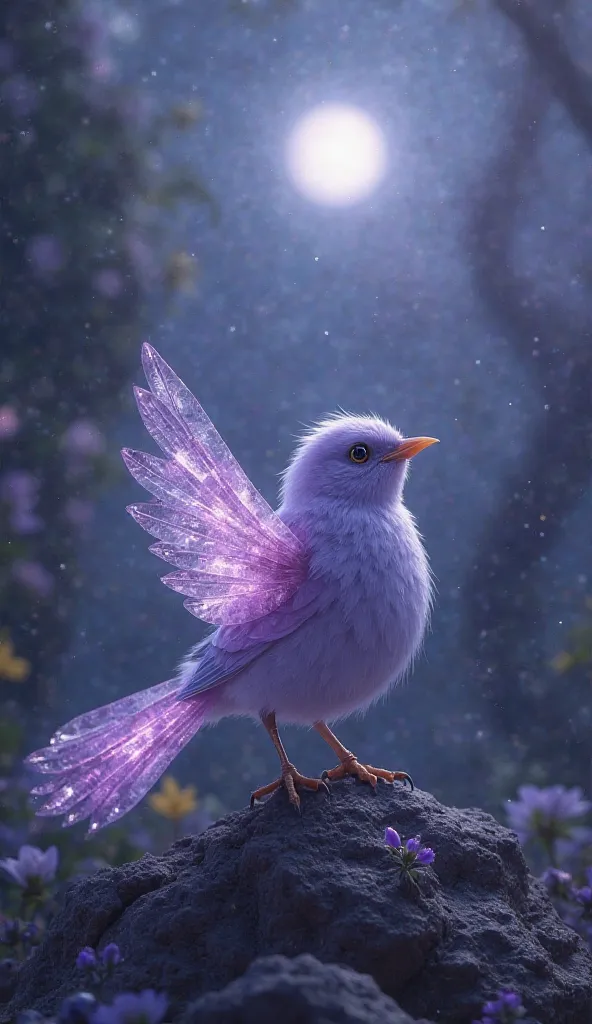 A small, mystical sparrow with soft lavender plumage that glows faintly in moonlight. Its tail feathers end in crystalline amethyst shards, and its song carries a soothing, magical resonance.
