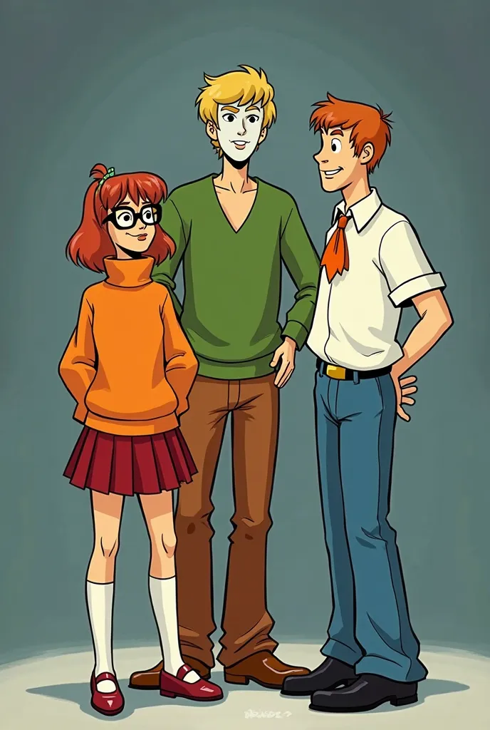 Scooby Doo and gang wears real Ghostface mask  Velma wear's a baggy orange turtleneck sweater, a short red pleated skirt, knee high socks, Mary Jane shoes, and a pair of black square glasses,  shaggy wears baggy green V-neck shirt, bell-bottom pants fred w...