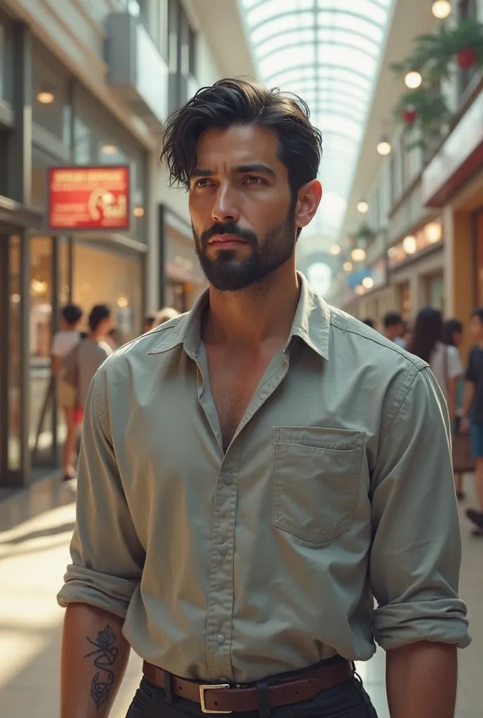 a white man with thin black hair,  with a thin beard, With light gray high-waisted shirt, With realistic face, slightly muscular, weighing 70 kilos, em um shopping 