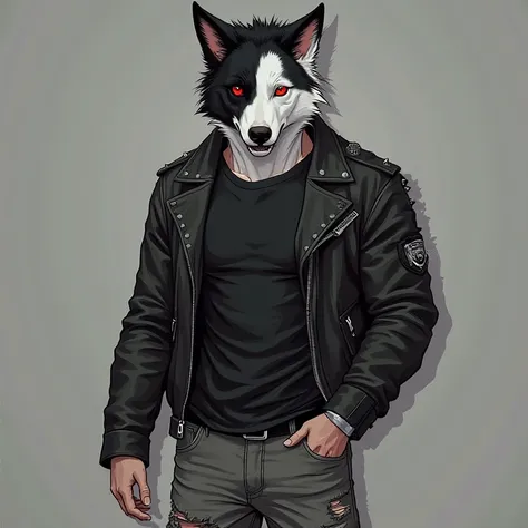 A hellhound male black and white fur,with red eyes, white irises and black pupils, not very muscular and with short hair, like a helluva boss character with a black t-shirt, a black leather jacket with small metal spikes and ripped grey jeans.