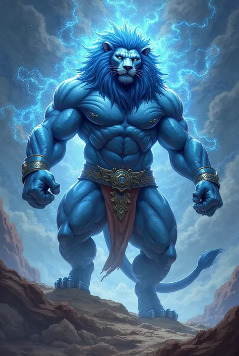 Blue Muscular Lion God with the name COURAGE . athletic
