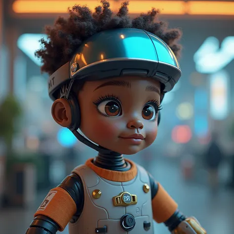 A mixed-race African American LITTLE GIG doll boy WHO WORE A VIRTUAL HELMET IN A SETTING and who has a virtual AI screen IN FRONT OF HIM THAT he uses to generate images with the AI OF THE FUTURE 3D version