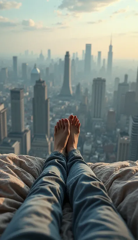 Pov waking up and looking at his legs against the background of the world's major cities