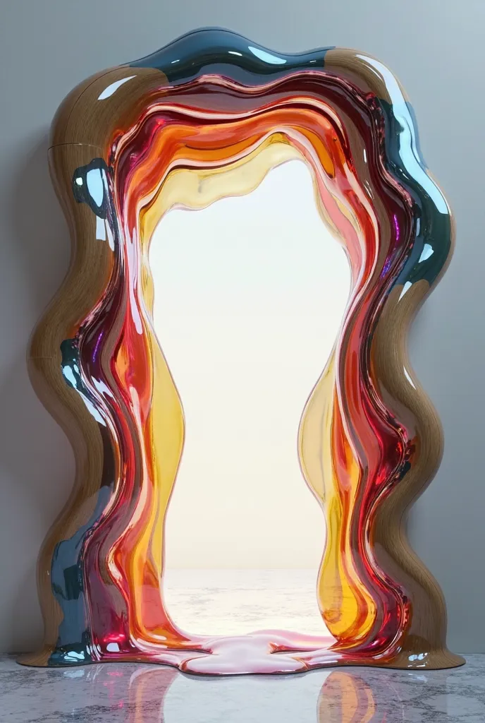 Create an image of a door frame made of colored chrome glass and wood, Making the frame look like it's coming out of the door and is melting