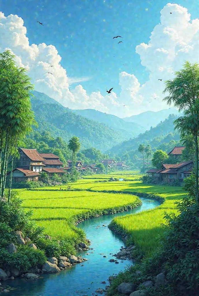 "A picturesque rural village with lush green paddy fields, dense bamboo groves, and a gently flowing river. The sky is bright blue with birds soaring overhead. The scene is vibrant, cinematic, and painted in a 3D artistic style."
