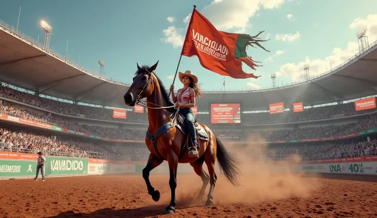 Create a stunning image of a beautiful Italian woman mounted on a hyper-realistic horse, dressed in cowgirl attire, holding a flag that reads "AMARILDO TOPOGRAFIA". The background features a modern rodeo arena with multiple large outdoor screens displaying...