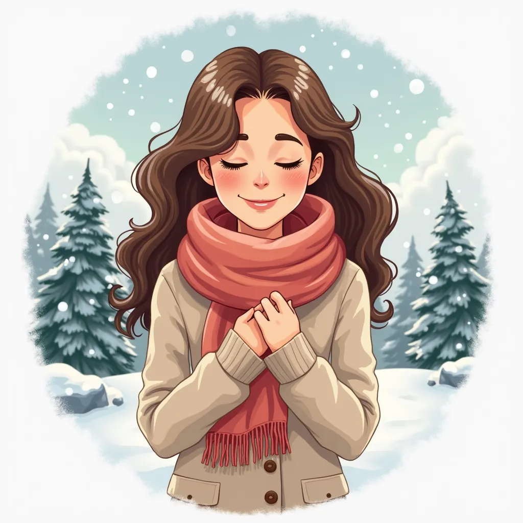 **Prompt Description:**  

A **27-year-old** beautiful woman with wavy brown hair stands outside, gently adjusting her soft, cozy scarf. She smiles contentedly as she feels the warmth and comfort the scarf provides against the cold air. Her face shows rela...