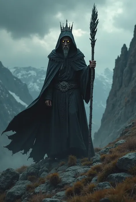 Cinematic Style
A jagged mountain pass beyond the Saramati Mountains. Dark clouds swirl a wicked sorcerer(tall and gaunt old, His big eyes burn with an eerie yellow glow, and his long head is covered with a black tall hood. He wears a black. clutch an anci...