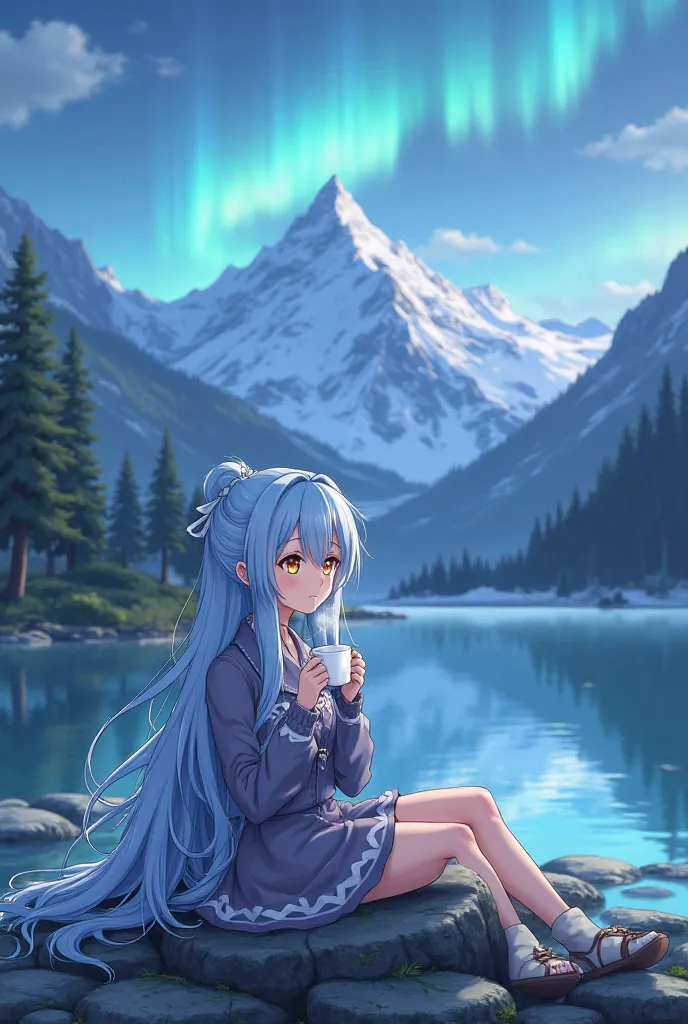 Draw Rimura Tempest's fanart with longs light blue hair and golden eyes and is cute and drink Coffee and is hot in backgraund is Aurora Snow Mountain and lake and sit on flat stones in anime style 