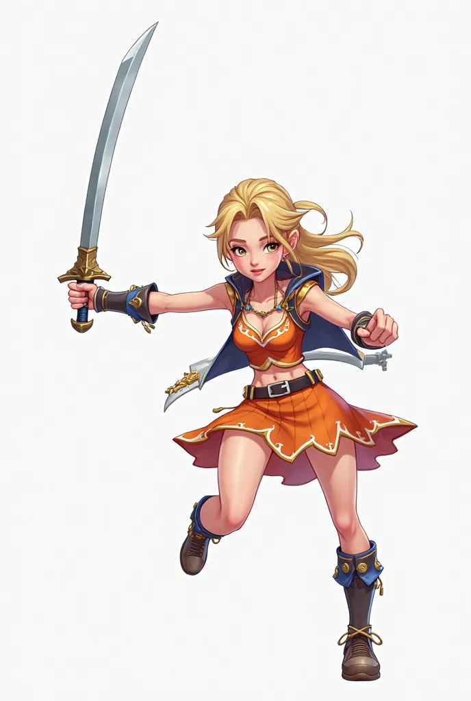 create 2d girl for a game this is a tipe of sprite in high cuality and have diferent positions on pront waiting, atacking and jumping, the attack uses a sword.