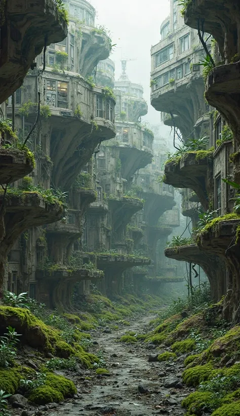 A housing area, inside a destroyed laboratory, futurist, irregular, moss