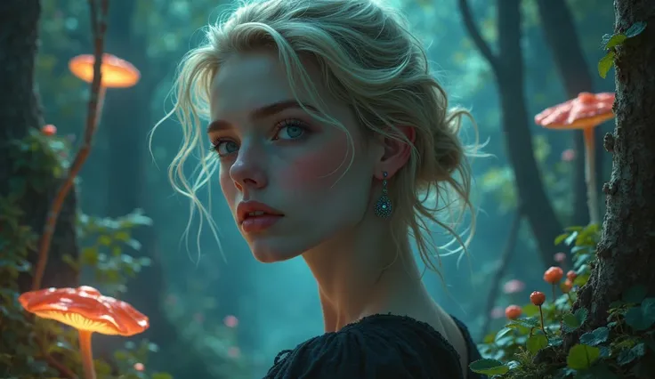 a beautiful blonde girl sitting in the magical realm, left side view, cross earing, sad, detailed portrait of a young woman with long wavy blonde hair, delicate facial features, wearing a cross shaped earing, looking away with a melancholic expression, pos...