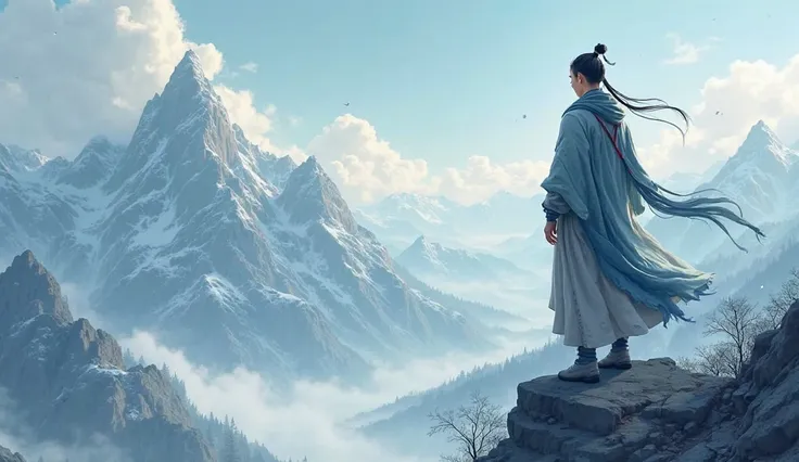 creating a cold young male image, cool, cold eyes looking down at everything, he is standing in the majestic mountain landscape, hands pointing down the mountain, he stands on the right side of the frame, Chinese ancient style, the image exudes gas,  carto...