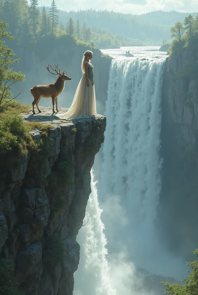 A realistic elf on the edge of a precipice, where on the other side there is a waterfall with a fall like a bridal veil, Very tall and voluminous water, next to the elf there is a larger deer than the elf, the surrounding environment and a pristine forest.