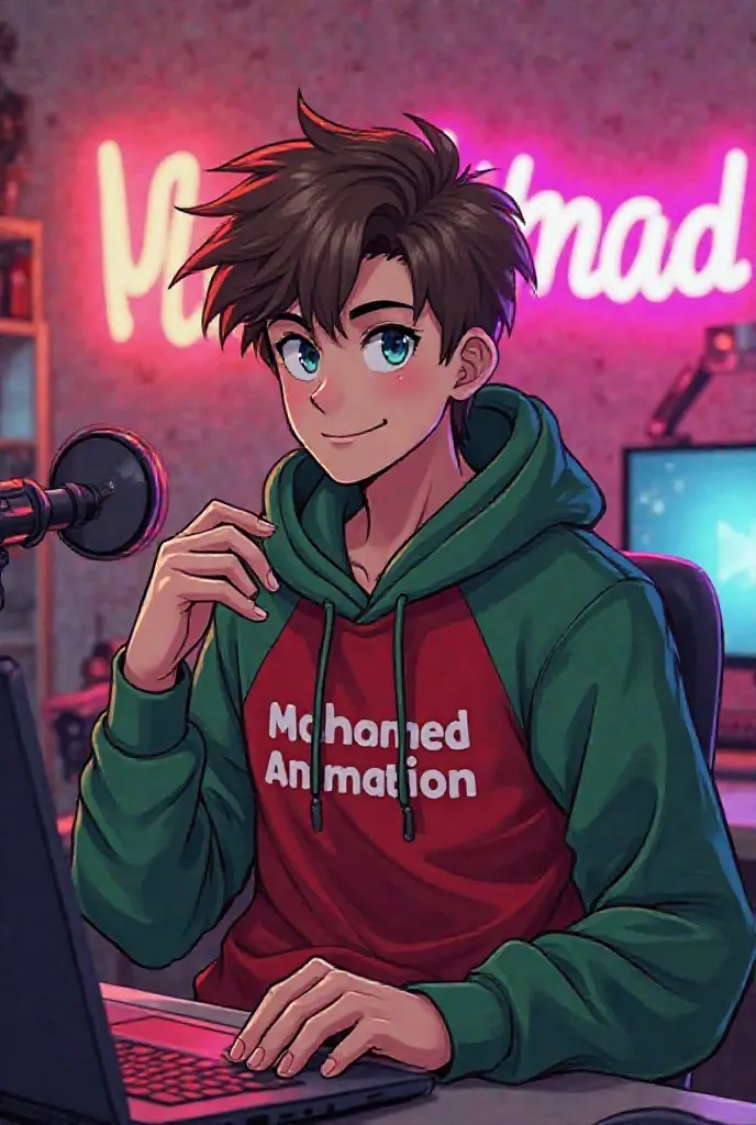 Create a vibrant and highly sexy anime boy with a smart look, He is sitting in front of a . wearing a red and green hoodie with the channel name "Mohamed Animation". Settings include a microphone and laptop on the desk. تتضمن الخلفية شعار YouTube كبير  on ...