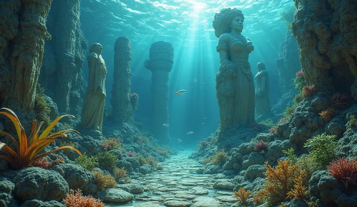 This was Atlantis—a utopian island brimming with wealth. A magnificent lost city beneath the ocean, featuring towering golden temples, intricate marble structures, and grand waterfalls frozen in time. Streets paved with shimmering orichalcum glow softly un...