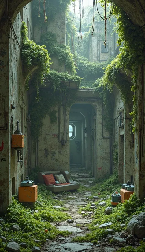 An enclosed area of accommodation, inside a destroyed laboratory, futurist, irregular, moss