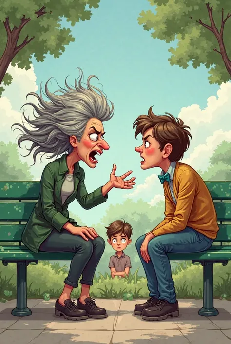 A crazy lady with a bad customer on a green bench and a boy behind her trying to hear what she says 