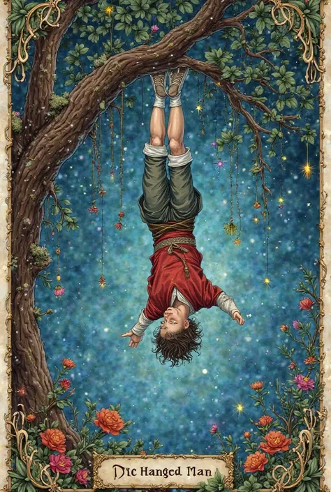 Tarot card the hanged man. Hand painted, mystical, magic, fantasy. A young man wearing medieval clothes is hanged upside down from the ankle from a big mysterious tree. There are sparkles of many colors coming out from between the leaves that might be fair...