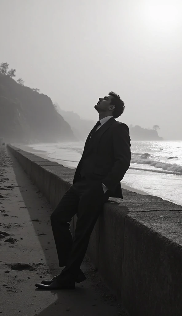 A noir-style black and white scene: a deserted beach at dawn, a well-dressed man in a suit and polished shoes leaning against a seawall, appearing to be asleep. The atmosphere is mysterious, with mist in the air and gentle waves in the background. The ligh...