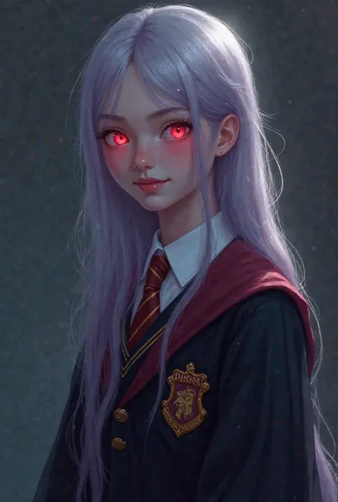 Girl, Hogwarts uniform Hair: Long, silvery-purple, glowing in the moonlight
• Eyes: Deep ruby ​​red (but grey if she wears a necklace that conceals her identity)
• Skin: Pale as marble, looking delicate but glowing faintly in the dark
• Body: Taller than h...