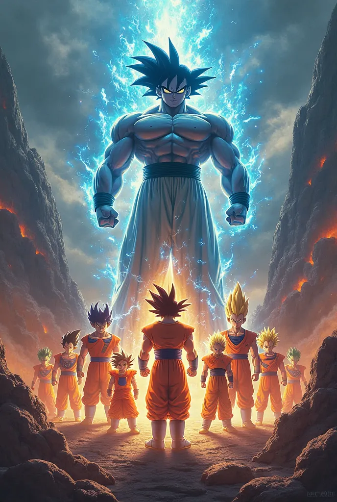 Make a new poster for a Dragon Ball movie that says the warriors of the future where they appear is their last transformation and the enemies behind