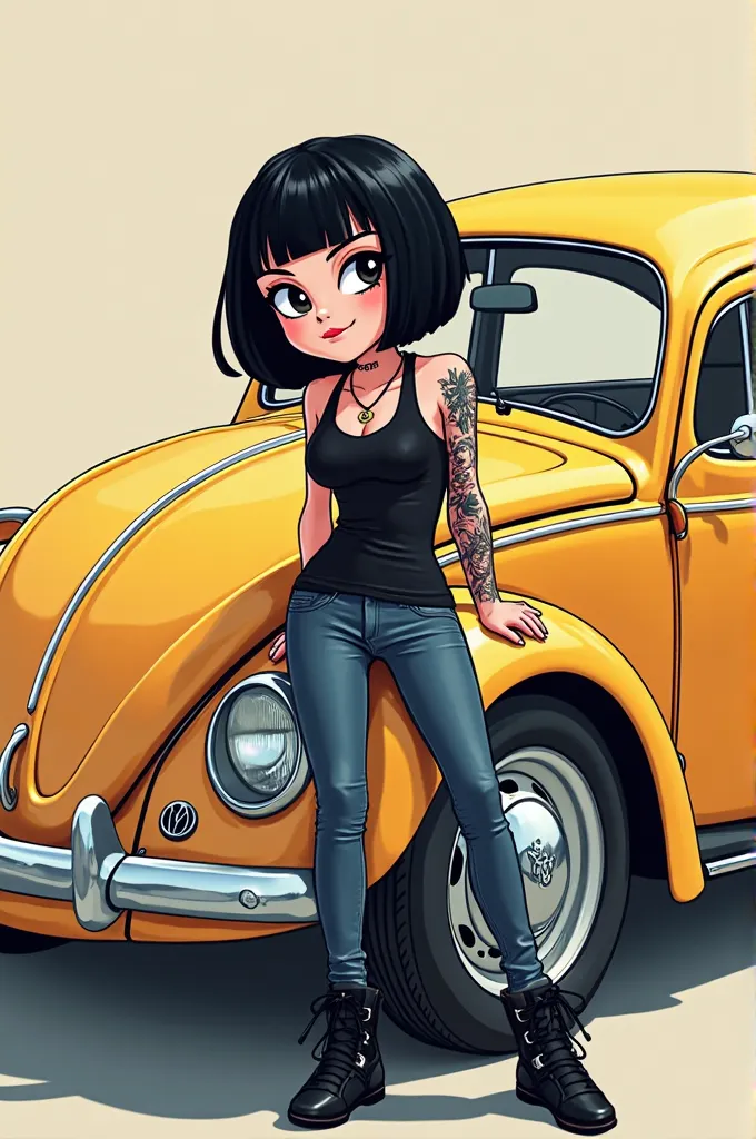 Tattooed woman with bangs and black hair leaning against Volkswagen New Beetle gray cartoon style