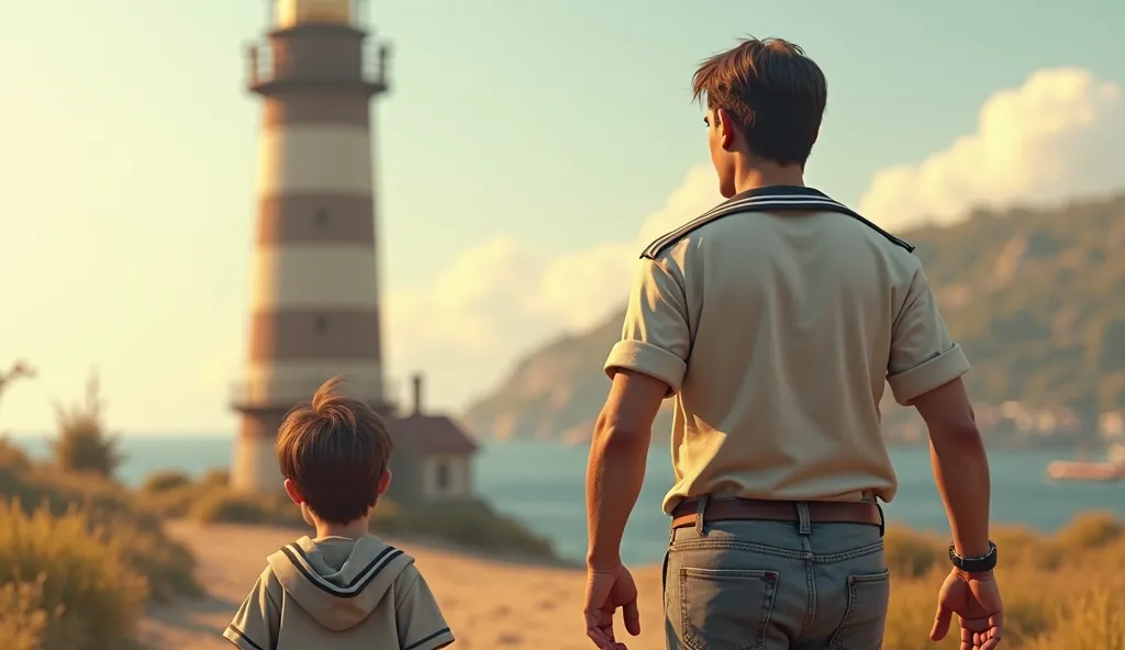 "A young boy and an exhausted sailor walking side by side toward a tall, weathered lighthouse. The boy’s eyes are filled with curiosity, while the sailor looks relieved but thoughtful. The ocean breeze ruffles their clothes, and the distant lighthouse stan...