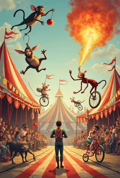 Create an image for a circus-themed birthday invitation, featuring juggling monkeys, strongest man in the world, trapeze ants, pigs riding bicycles and a dwarf woman breathing fire.