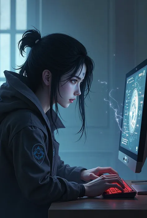 Yone character from League of Legends playing on the computer for Lives