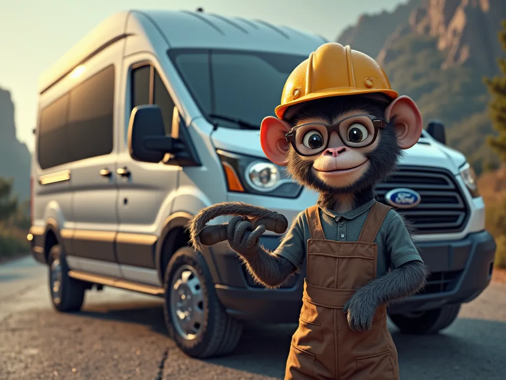 A monkey dressed as an engineer (Mandil, safety glasses and helmet) standing in front of a Ford van and opening the hood