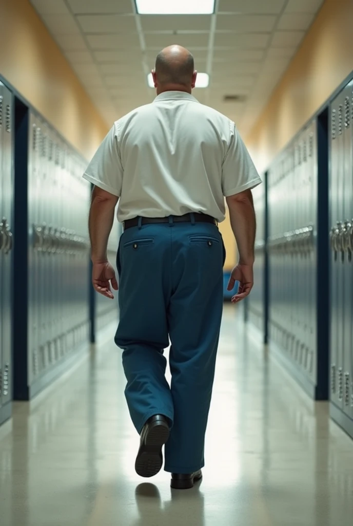  wide ass white teacher tall, blue work pants walking in school hallway.