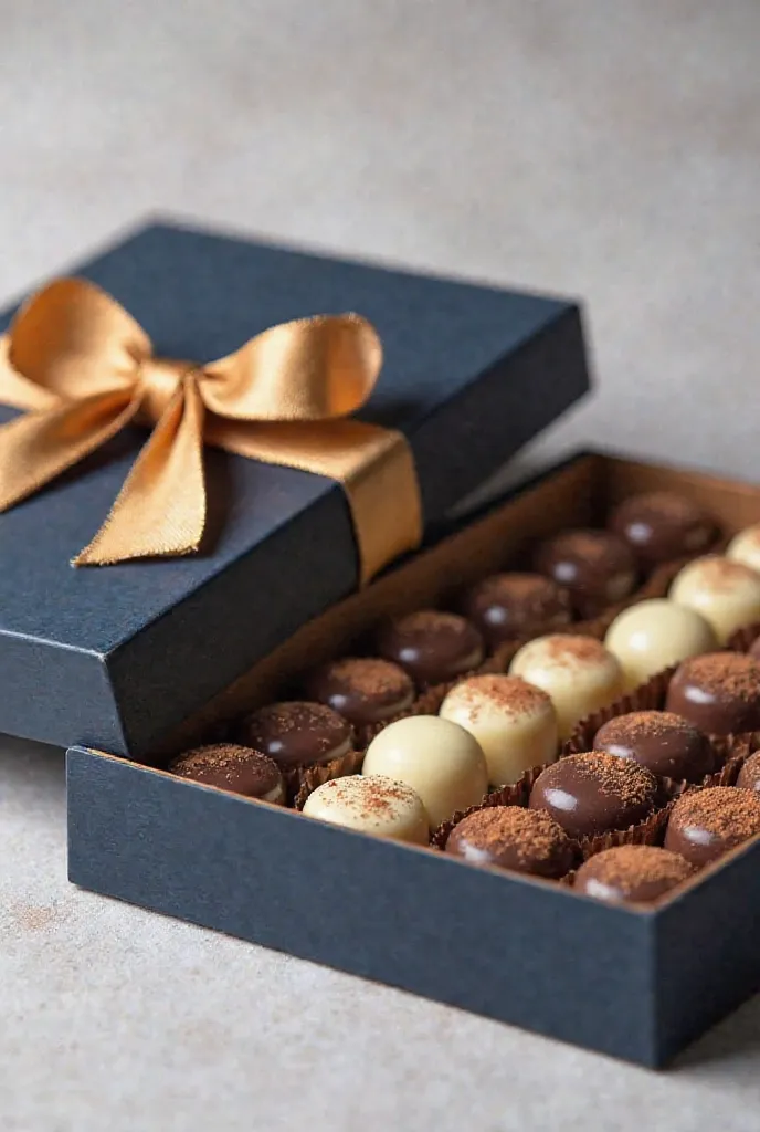 Navy blue box and gold ribbon with dark chocolate and white chocolate candies lined up 