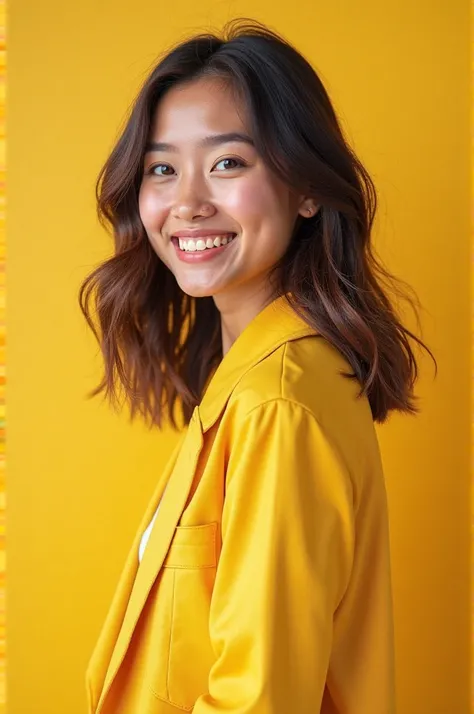 Women's model with yellow outfit,  smiling