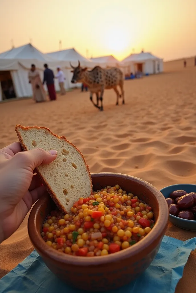 "POV perspective of someone sitting on the sand in a desert during sunset, holding a piece of bread over a ceramic bowl filled with colorful grain stew. Nearby, a plate of dates rests on a blue piece of paper. In the background, a traditional camp with whi...