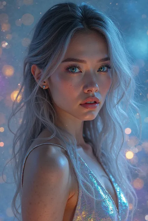 Create a stunning female model with striking and unique features. She has mesmerizing, heterochromatic eyes—one emerald green and the other deep sapphire blue. Her long, flowing hair is a mix of silver and midnight black, giving her an ethereal look. Her s...