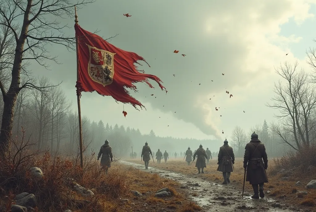 In the desolate wilderness of medieval Europe, a fierce wind howls, whipping the tattered remnants of a once-proud flag that bears a royal coat of arms. Soldiers, battered and weary, stagger through the cold, their breath visible in the crisp air. Leaves, ...