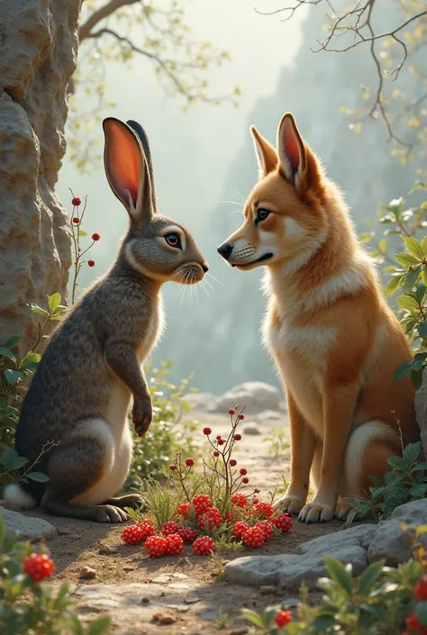 A rabbit and a dog sitting on opposite sides of a rock, looking away from each other, a patch of wild berries between them, a moment of tension and silence