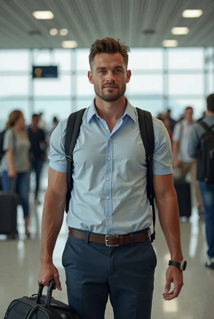 A young man, athletic man of approximately 22 years old  ,  wearing a short-sleeved dress shirt and a backpack on his back at the airport waiting for his flight 