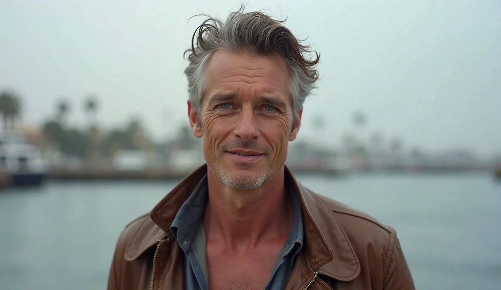 man's face (43-45 years old)

Era — early 20th century, slightly sloppy style.
Brown hair with light gray hair, Light bristles.
Blue eyes, smiling,  charismatic .
Dries in casual style — open-top shirt, leather jacket
 on a blurred background, Los Angeles ...