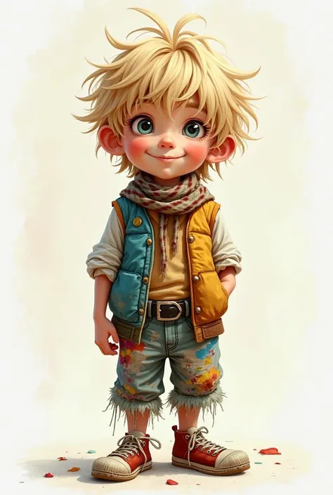 A  shaggy gray-eyed blond boy in several different vests of different colors and materials in several layers at once, with a scarf, unwashed, the blatant round face, big, blatant smile, tattered pants made of colorful scraps, old painted sneakers,  neutral...