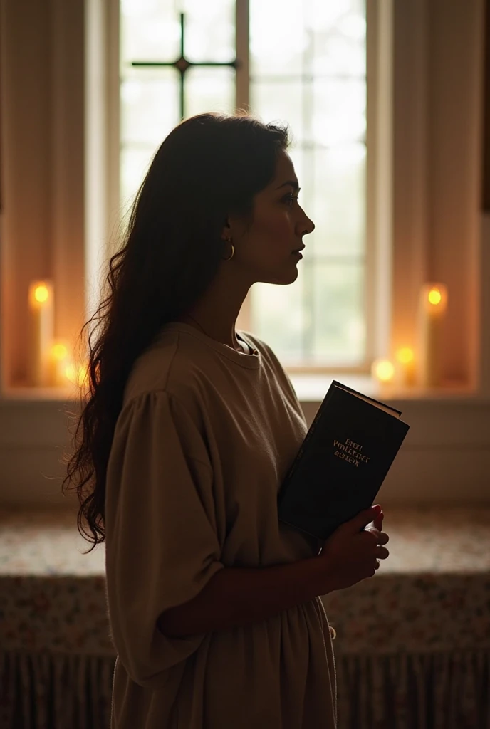 A woman with Indigenous skin and long, flowing hair is seen from behind, standing in front of a large window with soft, natural light streaming through. She holds a Bible close to her chest, her posture peaceful and reverent. Her face is not visible, and t...