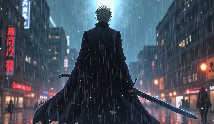 anime character with sword in rain with city in background, bleach manga style, bleach, fan art, anime wallaper, anime fight, badass anime 8 k, rain!!!!, amazing wallpaper, badass composition, ichigo kurosaki, Behind him, a ghostly, shadowy figure of Yhwac...