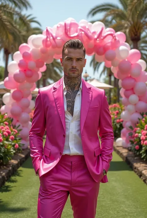 hazme a Matthew Noszka, pelo rubio castaño slick back,ojos verdes tatuajes, tatuajes en el cuello,musculoso con pocas pecas y ceja tupida Wearing a fuchsia silk blazer with a white long-sleeved shirt underneath and fuchsia silk pants A large arch with brig...