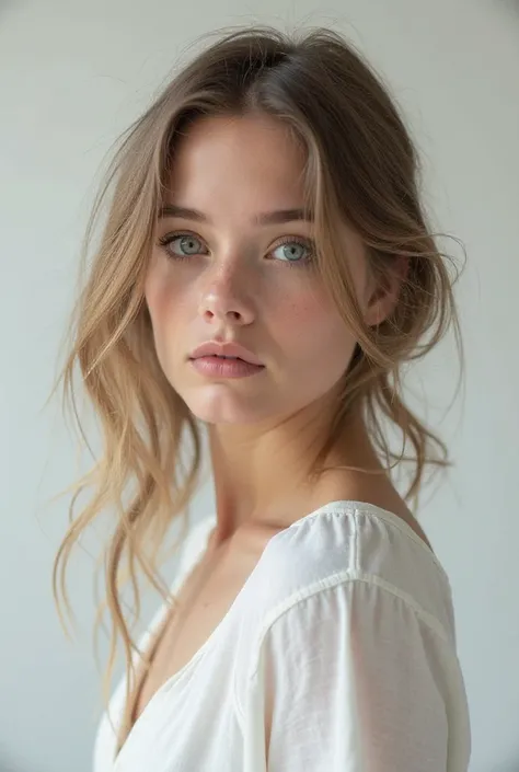  A portrait of a young girl *****, (not)   captured in a minimalist environment  . She's not, (not).   Her hair is styled in loose waves  , (not)  falling on the shoulders .   The woman's eyes are direct and intense  ,  with a neutral expression .   The ba...