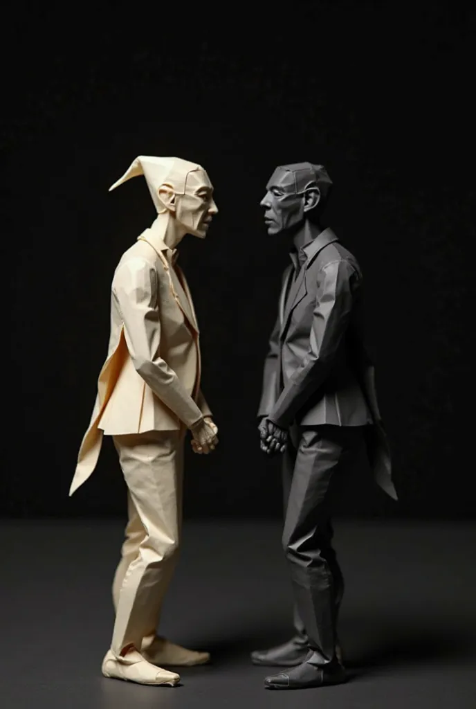 "A realistic origami paper sculpture of two people engaged in conversation. One figure is light-colored, and the other is dark-colored, creating a strong visual contrast. The folds and creases define the shapes and posture, giving the figures a sense of de...