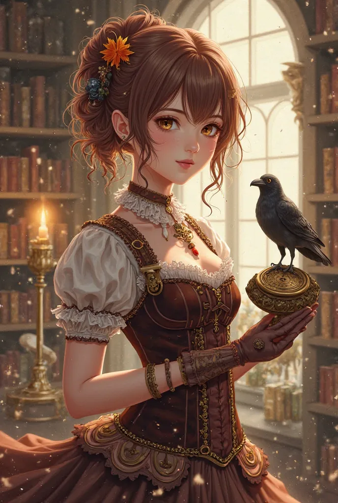 【核心Prompt】 (masterpiece:1.2), (best quality), (ultra-detailed),  1girl , magical girl, 19th century gothic fashion, (Color Palette: Sepia tones, chestnut brown, antique gold, parchment white), vintage bookshop background, floating grimoire, (complex dress ...