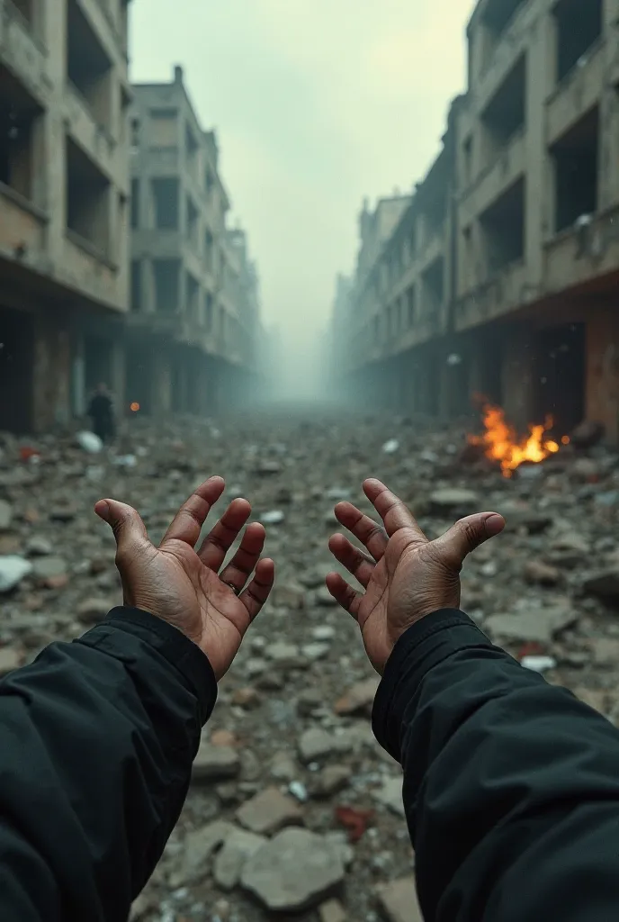 An ultra-realistic point of view (POV) style image, capturing the first-person perspective of a man in an apocalypse, the city is destroyed. The character's hands and part of the body are visible, creating the feeling of immersion, as if the viewer were re...